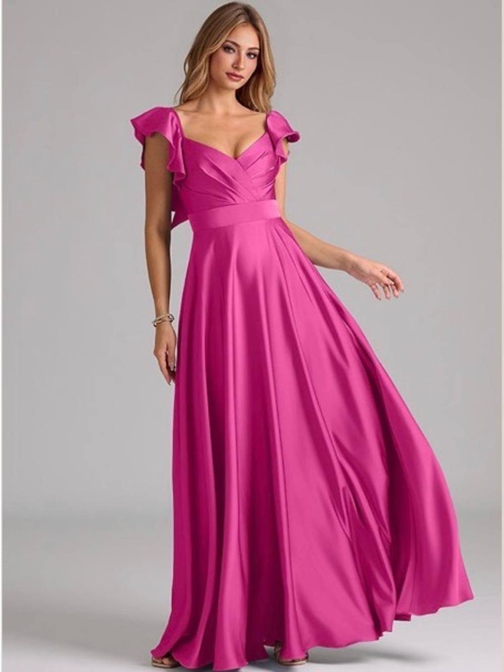 Azazie Leilani | Size A6 | Pink Ruffle Sleeve Maxi Dress